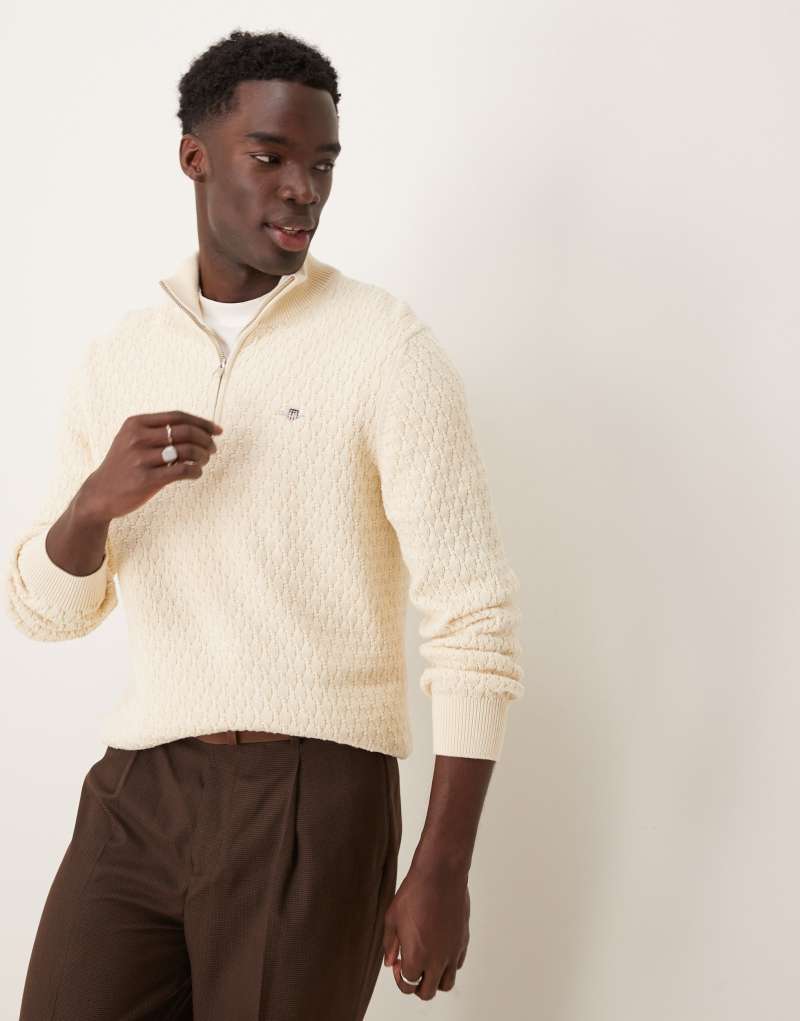 GANT shield logo cotton textured half zip knit sweater in cream Gant