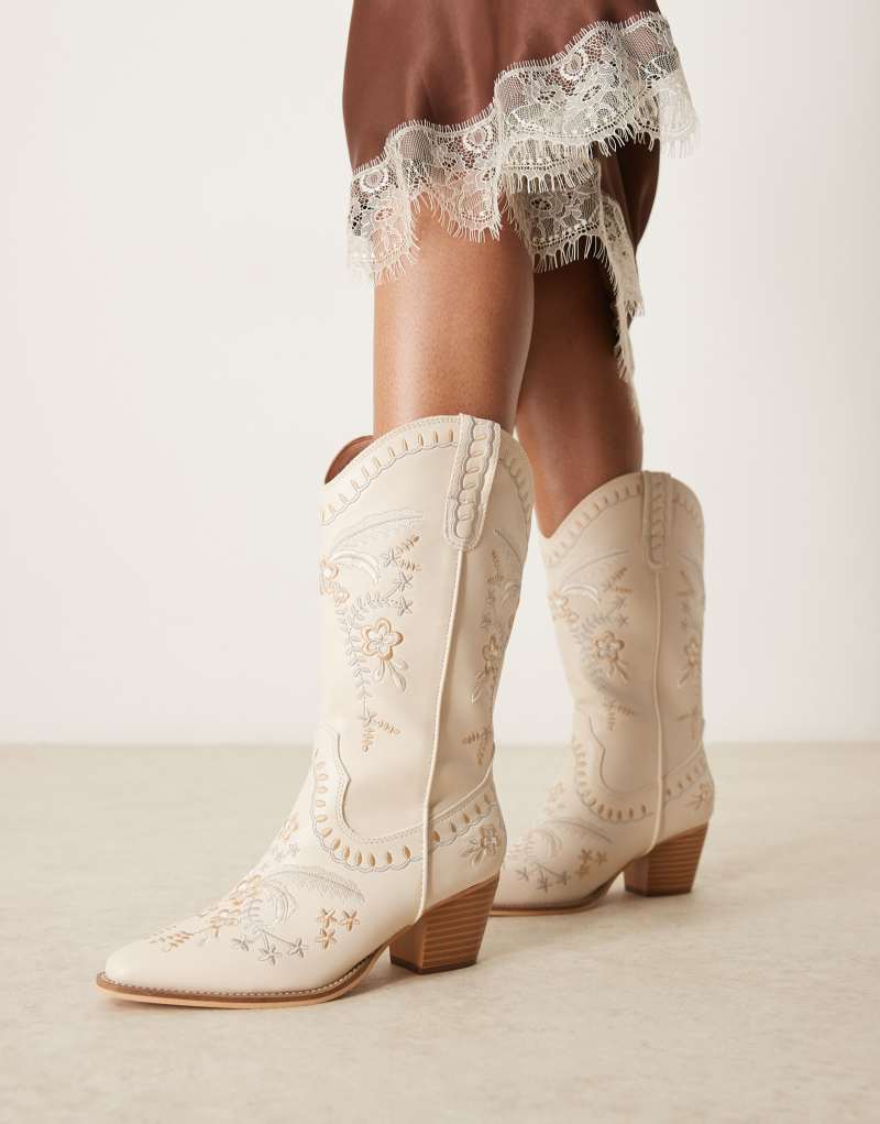 Glamorous embroidered western knee boots in cream Glamorous