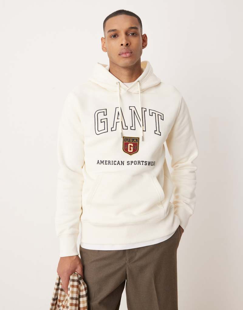 GANT varsity logo hoodie in cream Gant