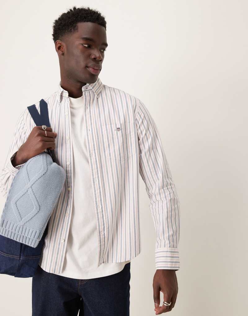 GANT regular fit oxford striped logo shirt in white Gant