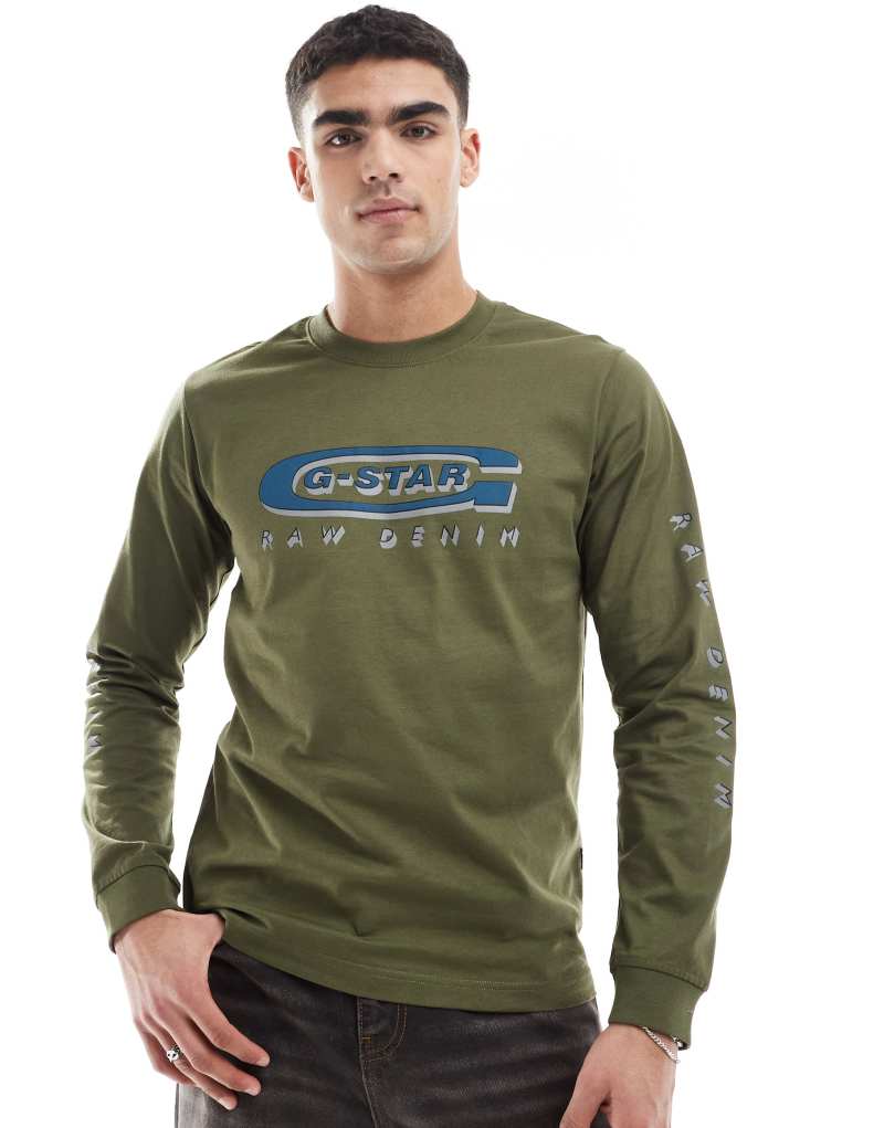 G-Star long sleeve t-shirt in khaki with old skool logo G-Star Raw