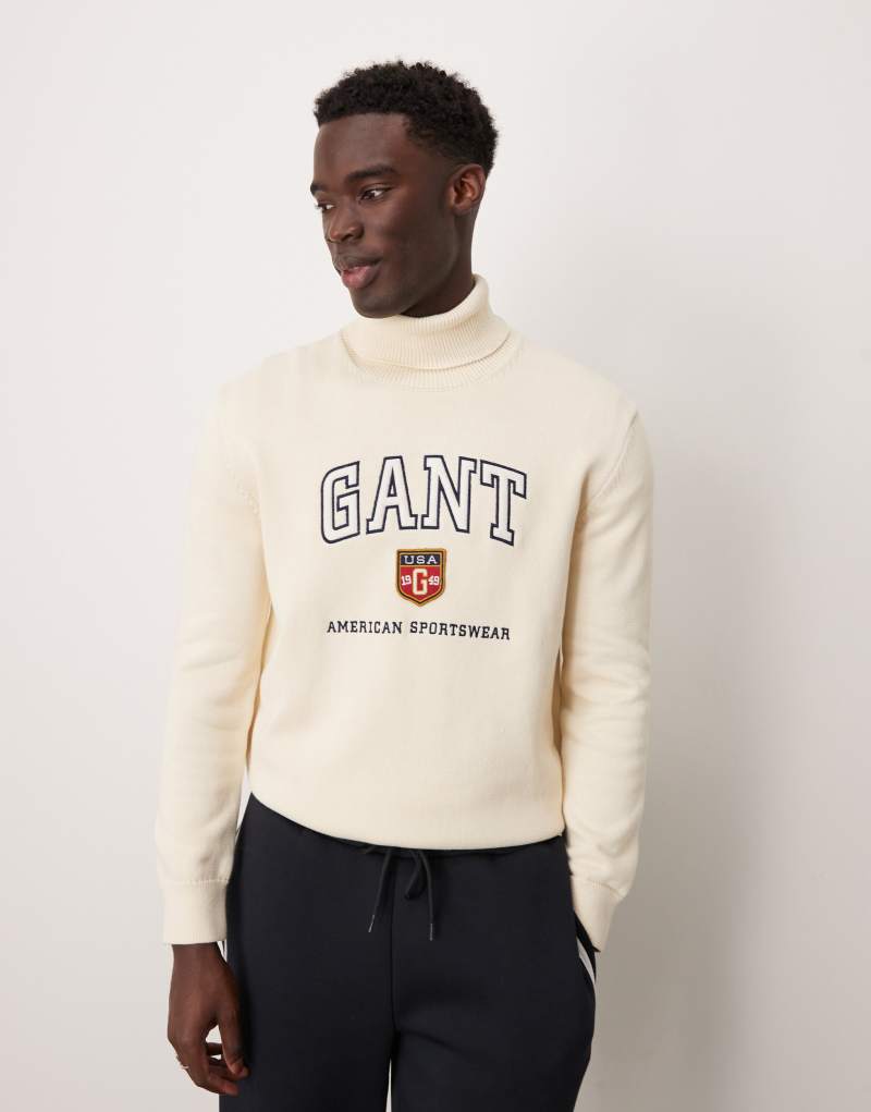 GANT varsity logo knit turtleneck sweater in cream Gant