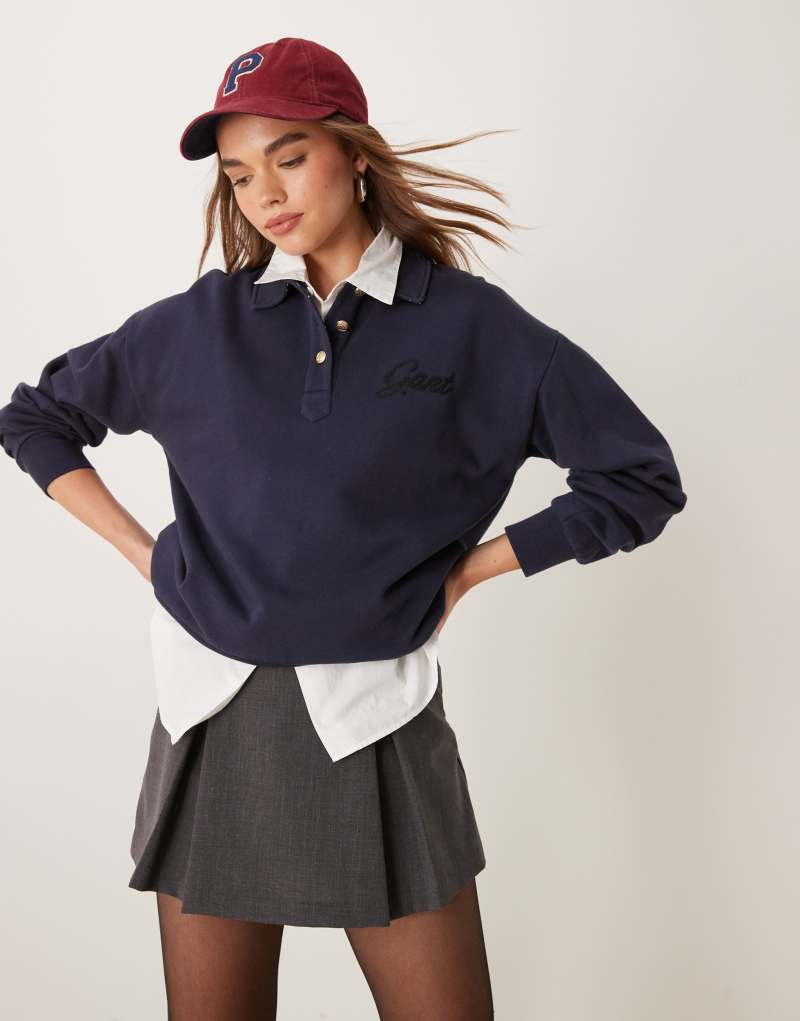 GANT logo polo sweatshirt with tartan collar in navy Gant