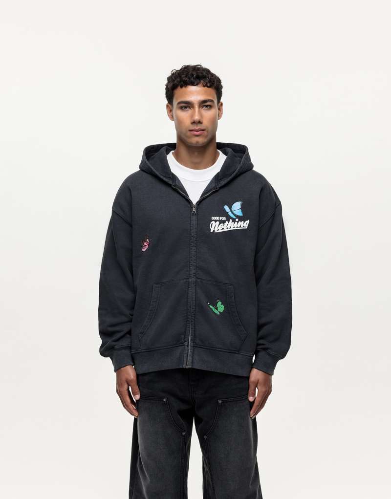 Good For Nothing embroidered zip up hoodie in washed black  Good For Nothing