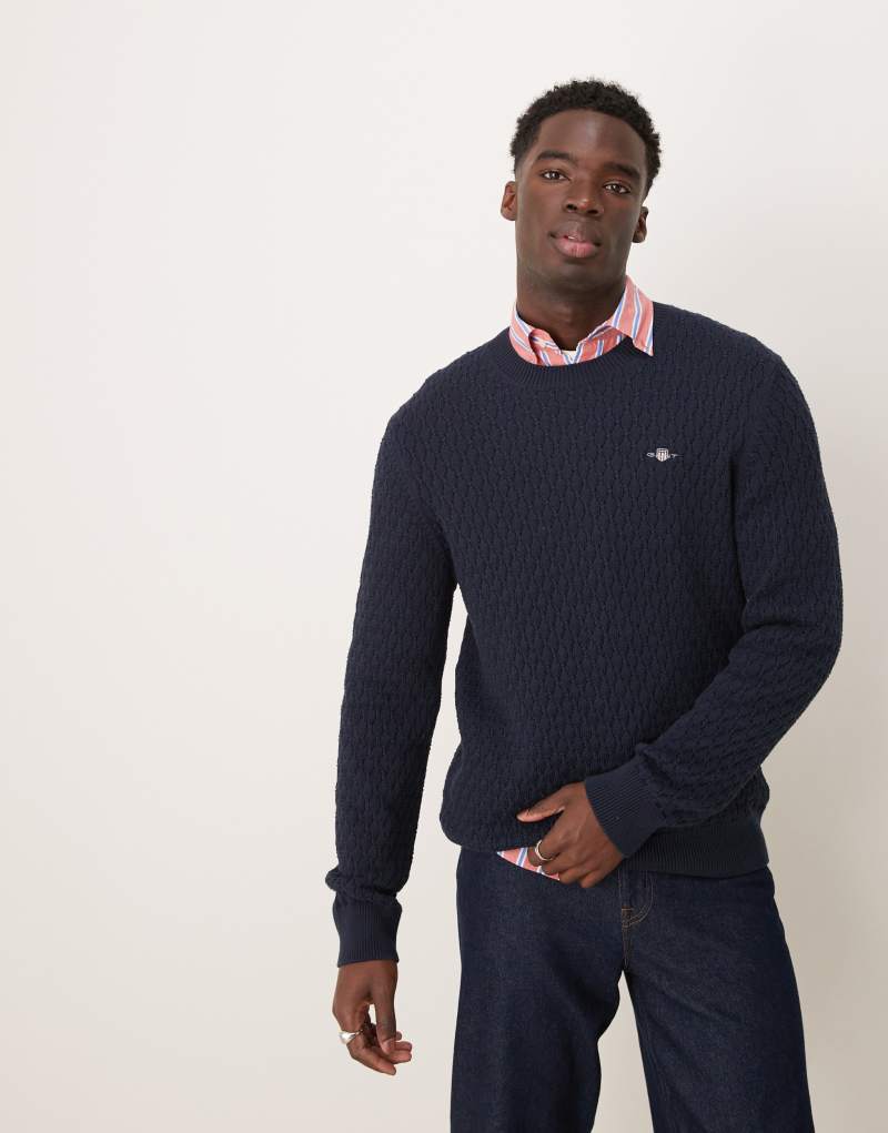 GANT shield logo cotton textured knit sweater in navy Gant