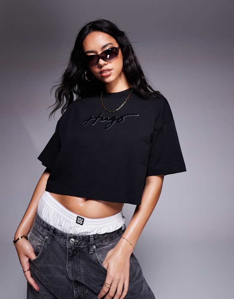 HUGO Red cropped t-shirt in black with logo print and diamante detailing Hugo Red