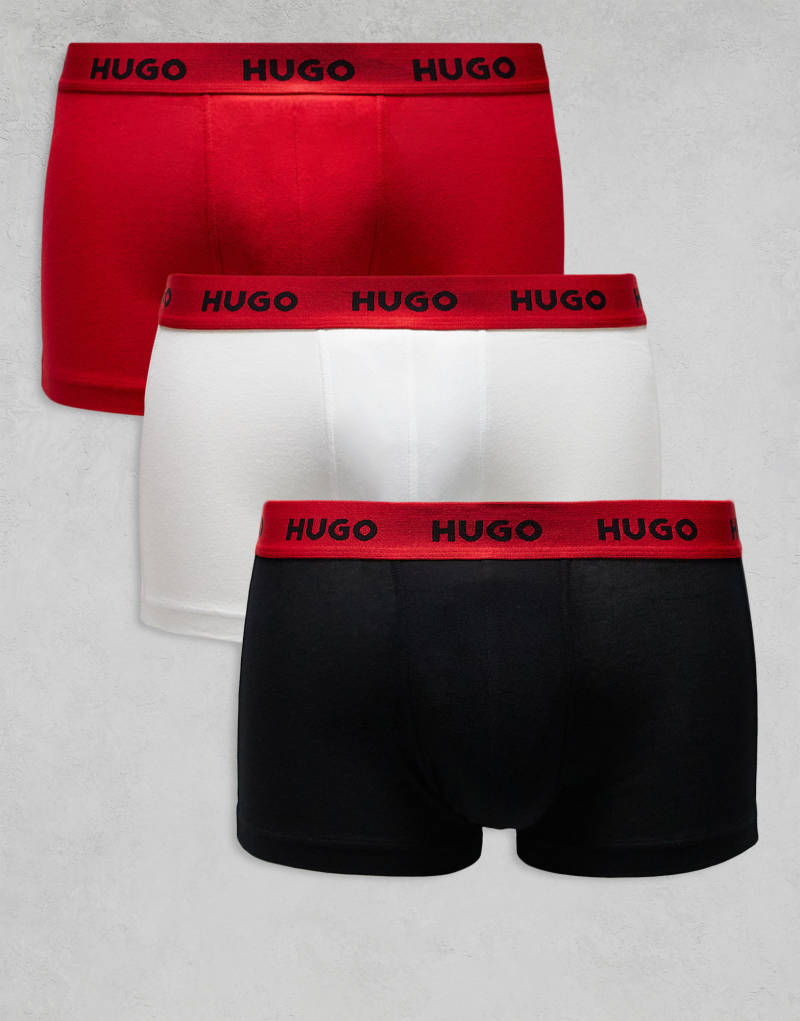 HUGO Bodywear 3-pack trunks in black, white and red with contrasting logo waistband Hugo Red