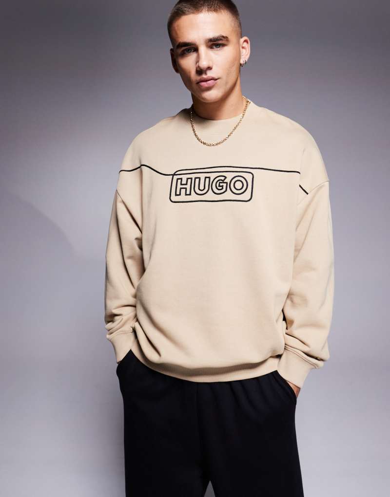 HUGO Blue Noideryos loose fit sweatshirt with line logo in beige Hugo Blue