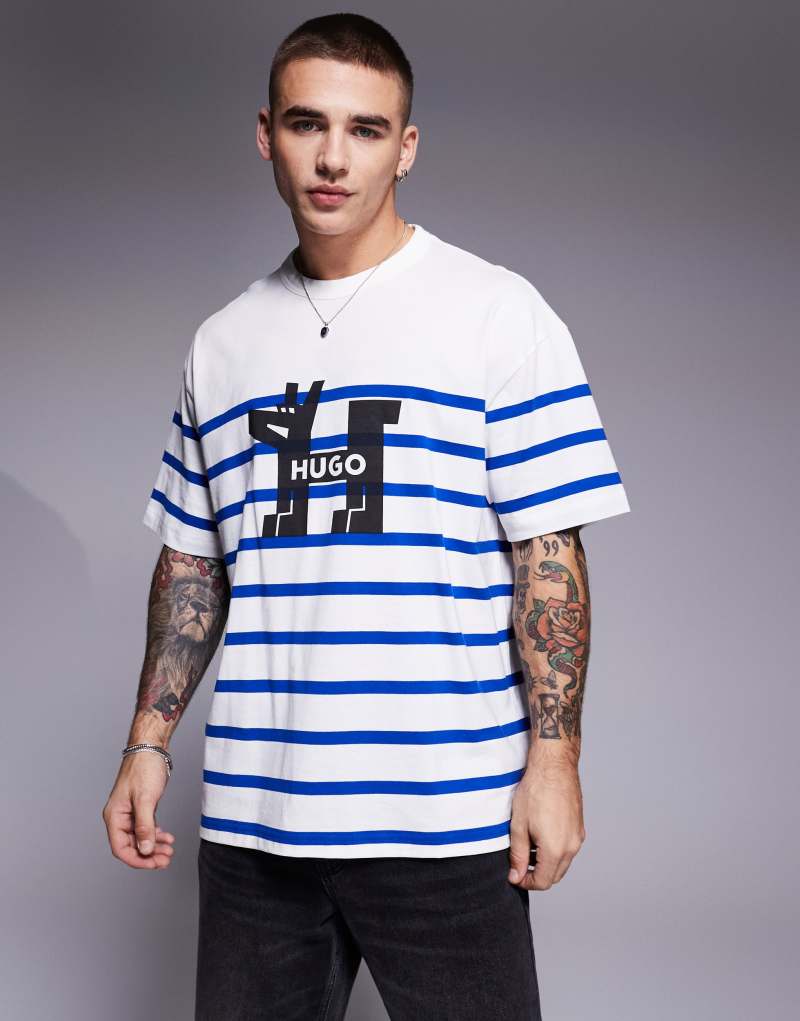 HUGO Blue Nolastripe loose fit striped logo t-shirt in white and blue Hugo Blue