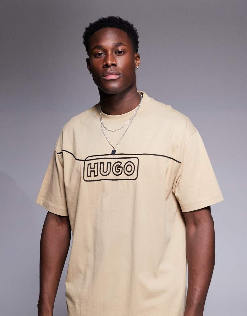 HUGO BLUE Noideryo loose fit t-shirt wih line print logo in beige Hugo Blue