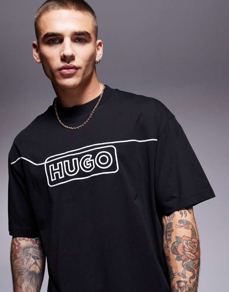 HUGO BLUE Noideryo loose fit T-shirt wih line print logo in black Hugo Blue