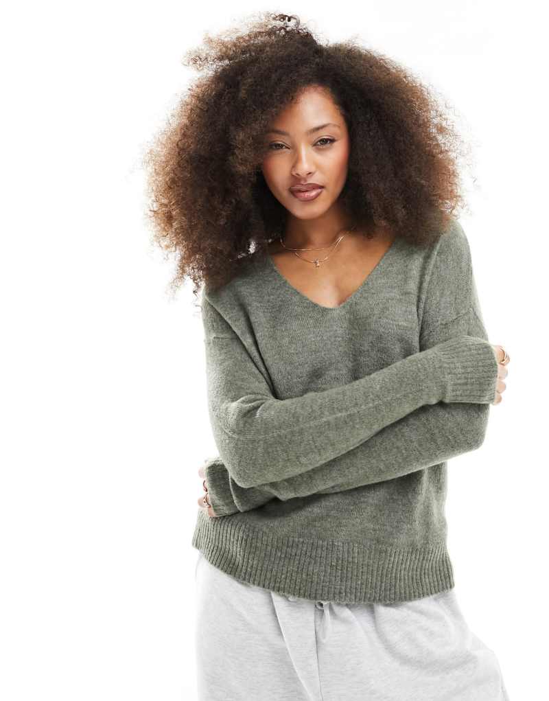 JDY v neck knit sweater in light khaki Jdy