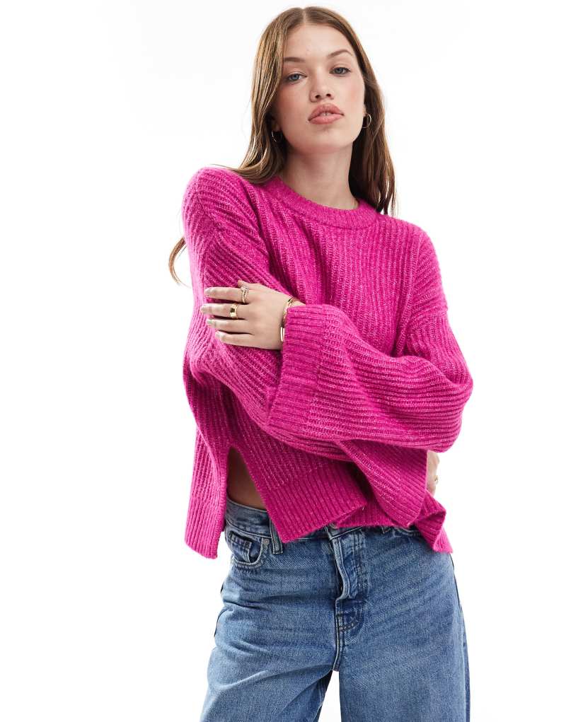 JJXX fluffy cropped ribbed sweater in pink Jjxx