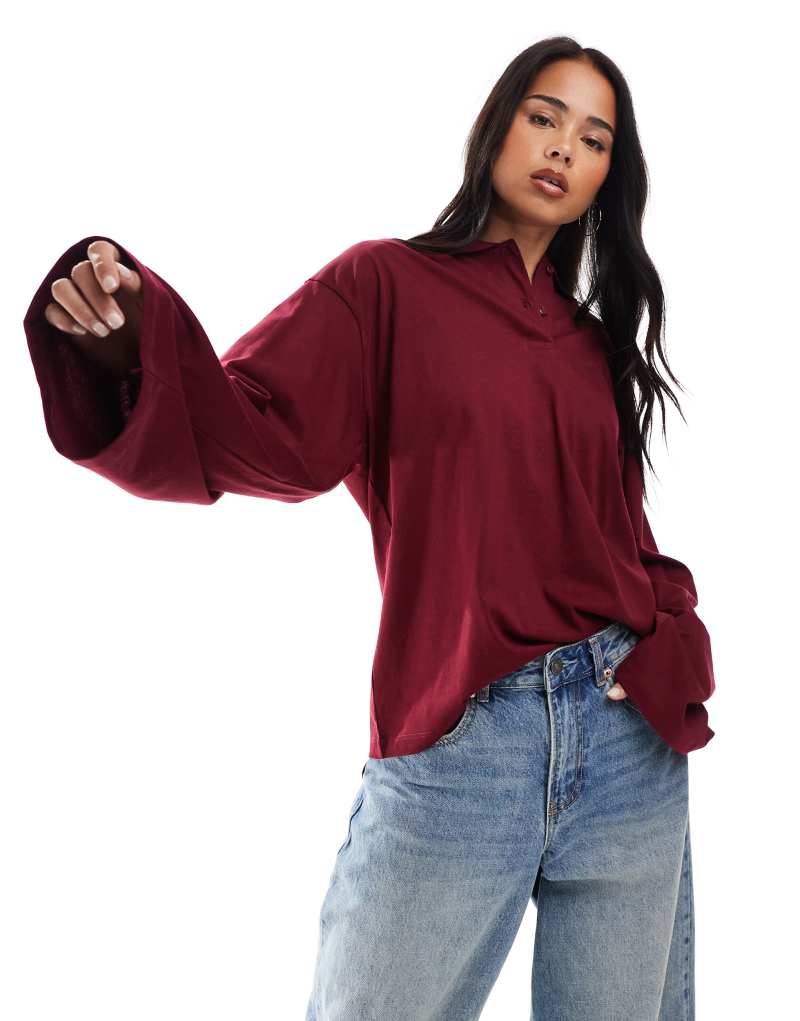 JJXX long sleeve polo in burgundy Jjxx