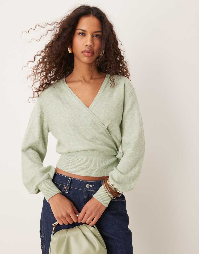 JDY long sleeve wrapped cardigan in light green Jdy