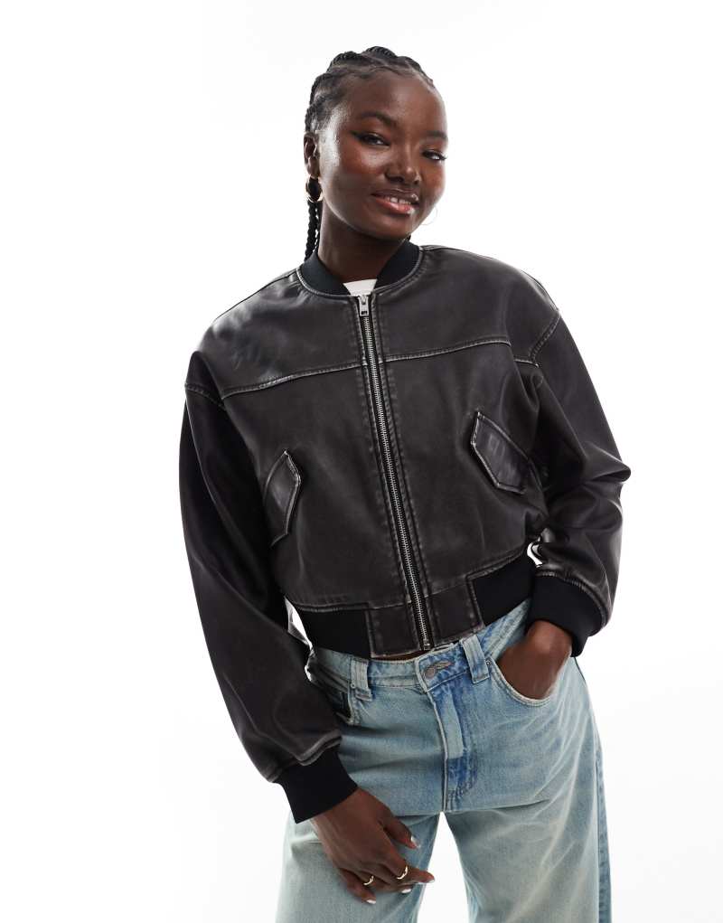 JJXX vintage faux leather bomber jacket in washed black Jjxx