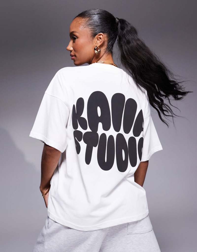 Kaiia Studio oversized bubble logo back print T-shirt in cream and black Kaiia