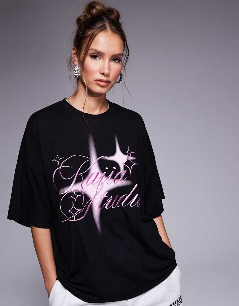 Kaiia Studio embroidered star graphic t-shirt in black and pink  Kaiia