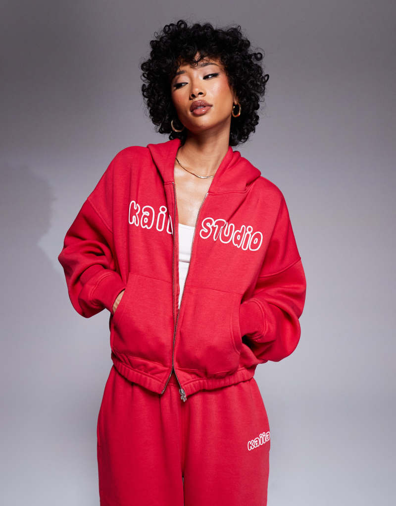 Kaiia Studio bubble logo back print zip up hoodie in red - part of a set Kaiia