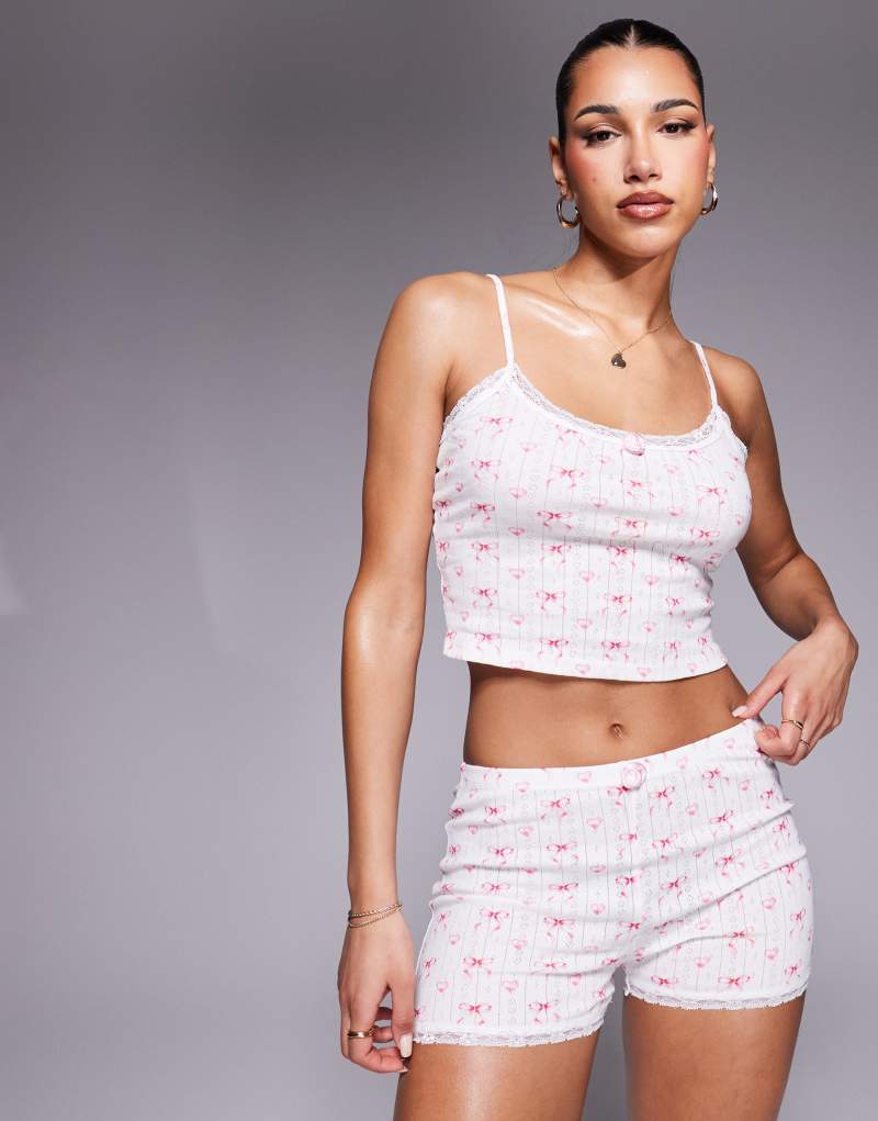 Kaiia exclusive pointelle rose detail cami pajama top in white bow print - part of a set Kaiia