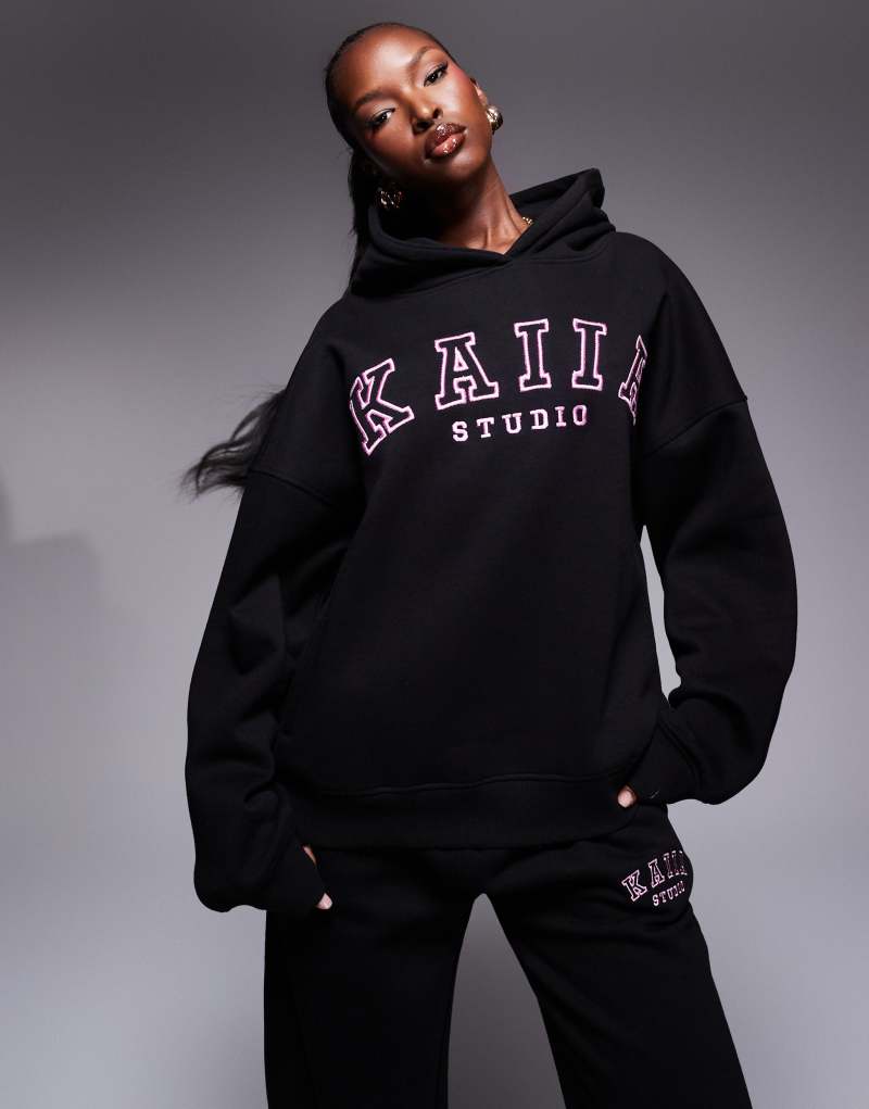 Kaiia embroidered logo oversized hoodie in black and pink - part of a set Kaiia