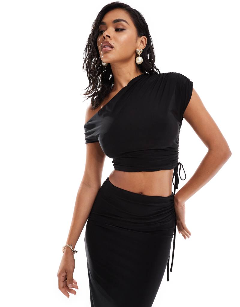 Kaiia slinky ruched off shoulder drawstring top in black - part of a set Kaiia