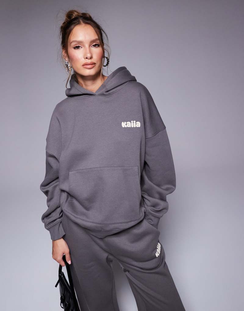 Kaiia Studio bubble logo back print oversized hoodie in dark gray and yellow - part of a set Kaiia