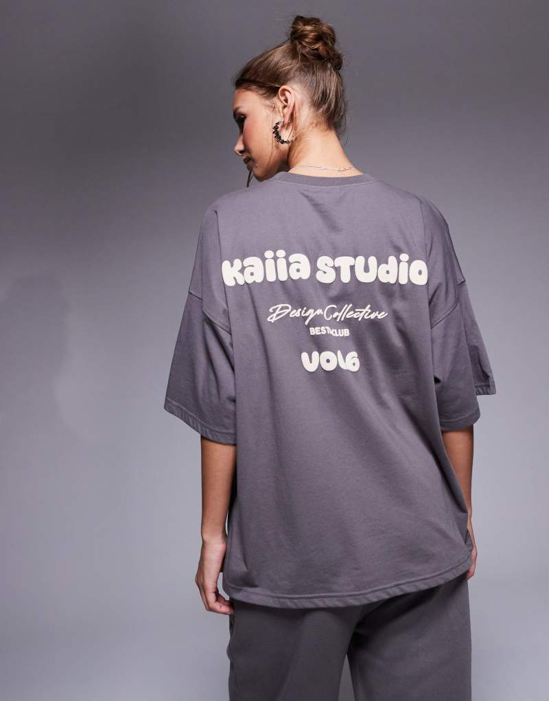 Kaiia Studio bubble logo back print oversized t-shirt in dark gray and yellow - part of a set Kaiia