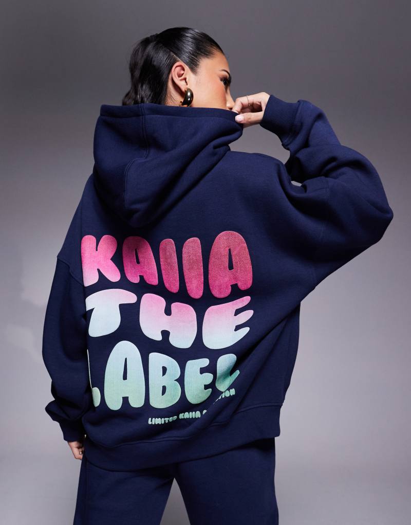 Kaiia wavy back print logo hoodie in navy - part of a set Kaiia