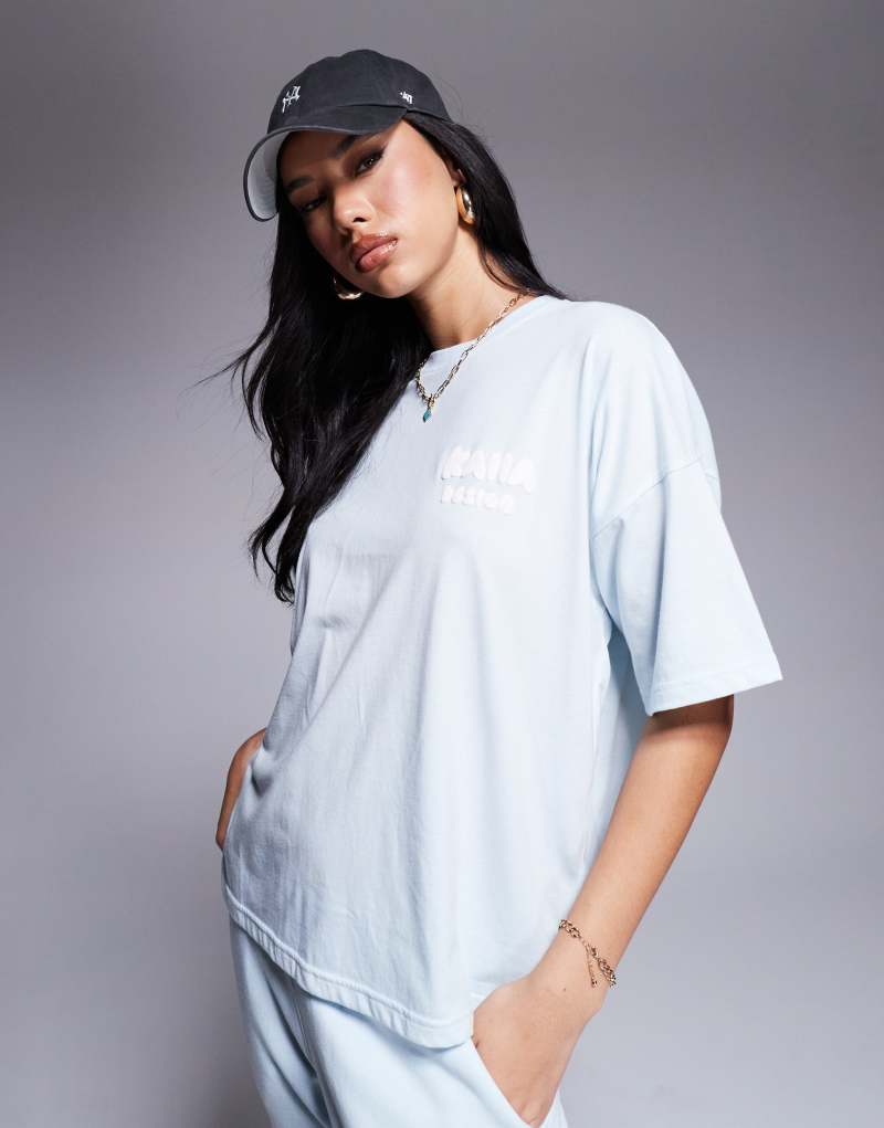 Kaiia design oversized front and back logo t-shirt in light blue - part of a set Kaiia