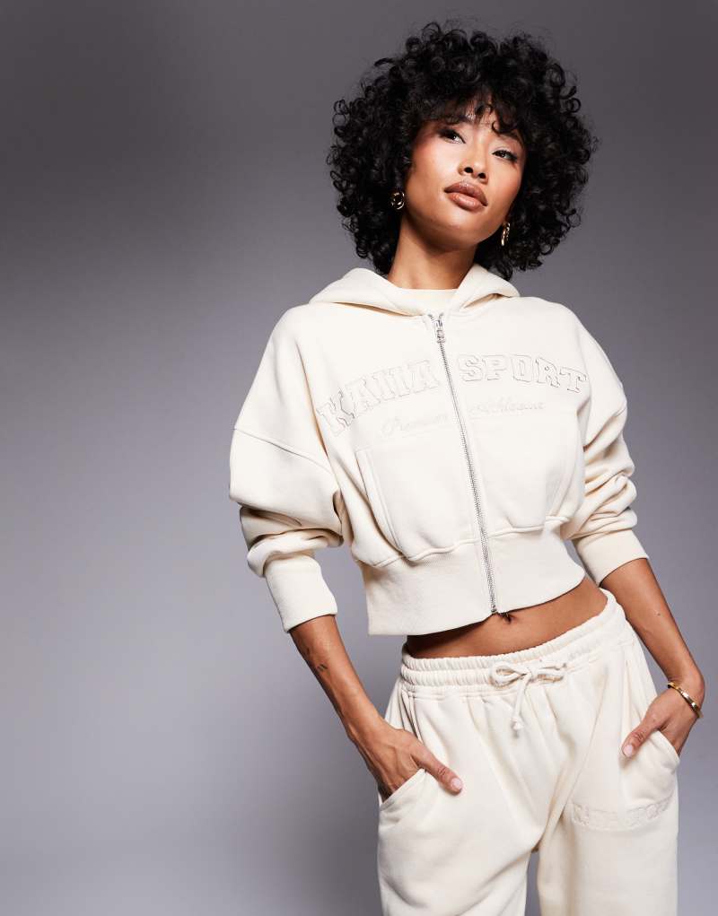 Kaiia Sport embroidered logo cropped zip through hoodie in cream - part of a set Kaiia