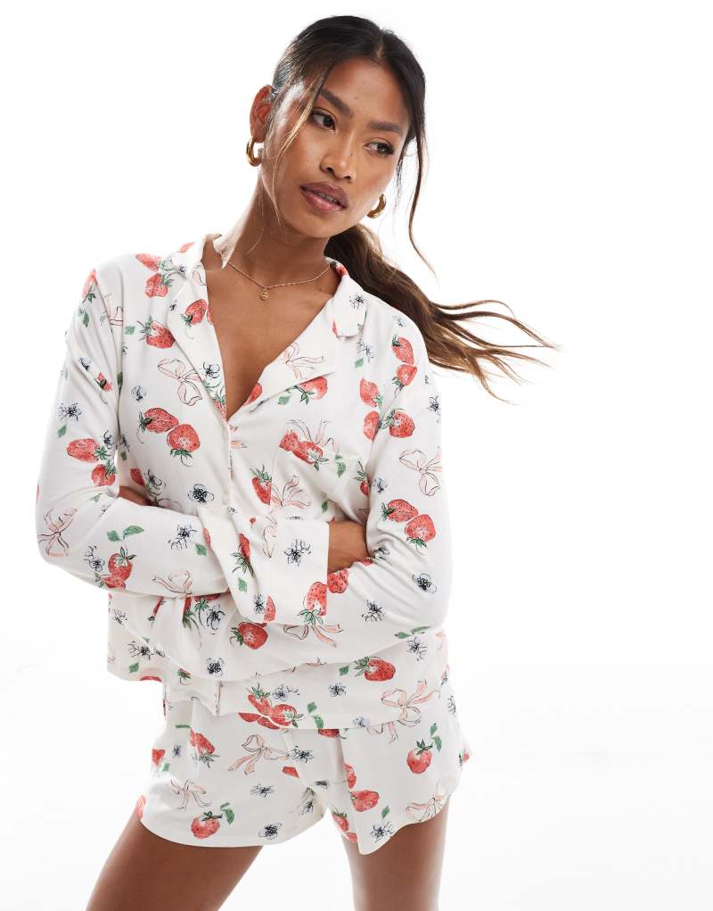 Kaiia mix and match cropped long sleeve pj shirt in strawberry and bow print - part of a set Kaiia