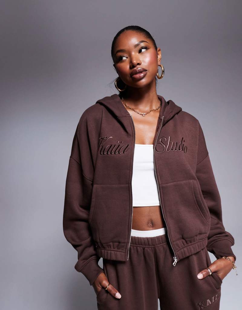 Kaiia Studio logo zip through cropped hoodie in chocolate brown - part of a set Kaiia