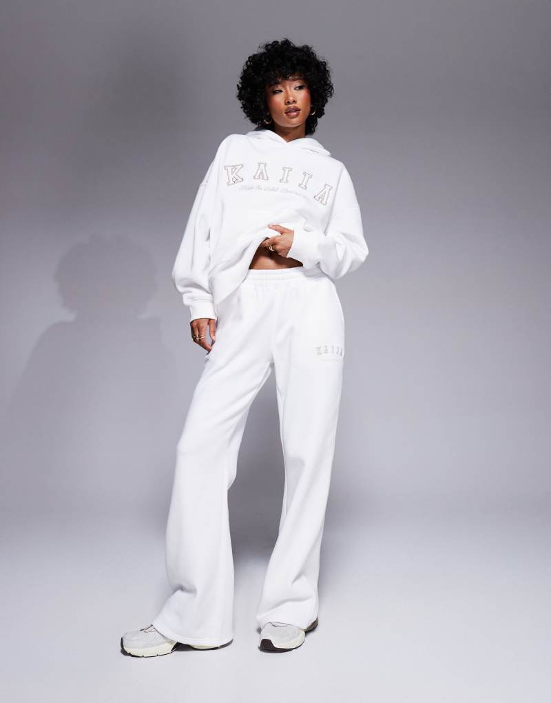 Kaiia embroidered logo wide leg sweatpants in white and sand - part of a set Kaiia