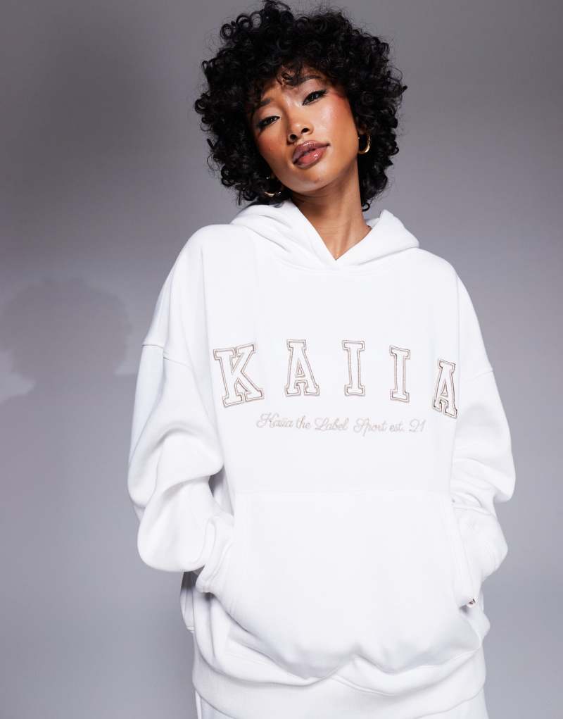 Kaiia embroidered logo oversized hoodie in white and sand - part of a set Kaiia