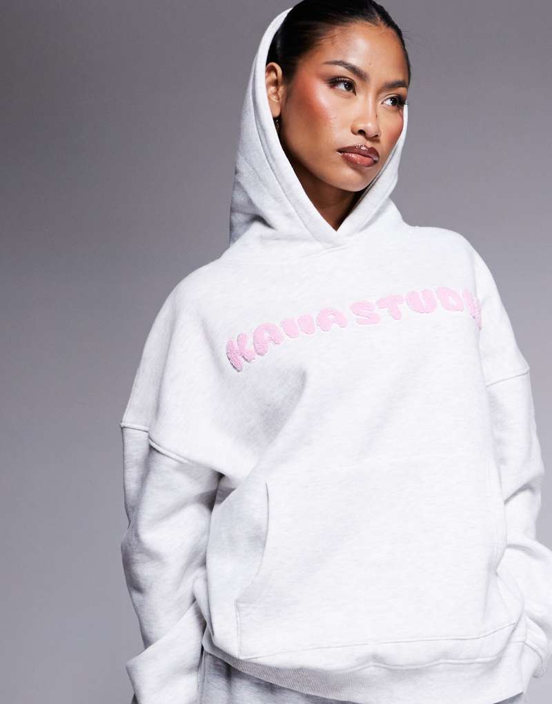 Kaiia Studio logo oversized teddy hoodie in gray and pink Kaiia