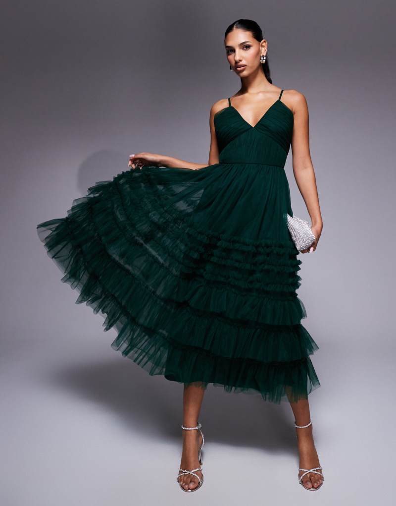 Lace & Beads tiered ruffle midaxi dress in forest green Lace & Beads