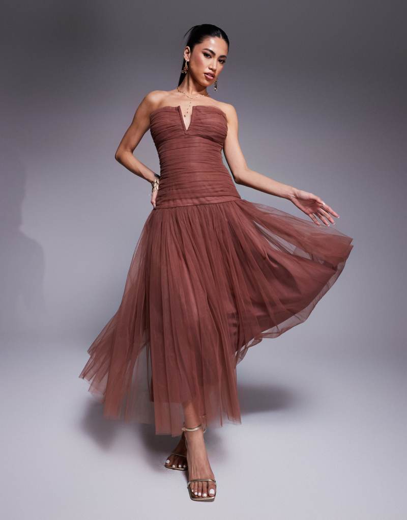 Lace & Beads drop hem tulle maxi dress in rose brown Lace & Beads