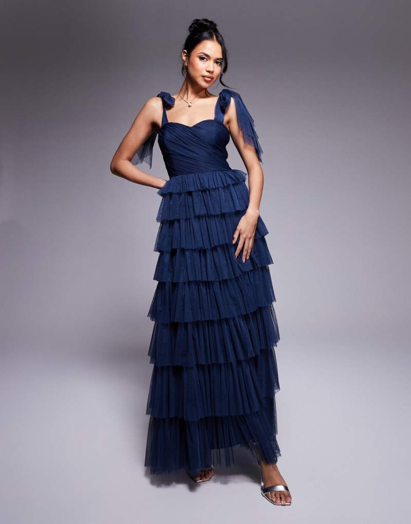 Lace & Beads bow shoulder ruffle maxi dress in midnight navy Lace & Beads