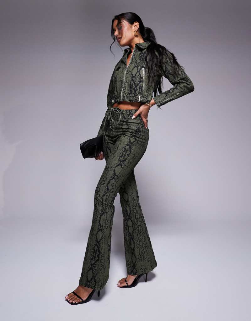 Liquor N Poker high rise flared pants in khaki snake print - part of a set Liquor N Poker