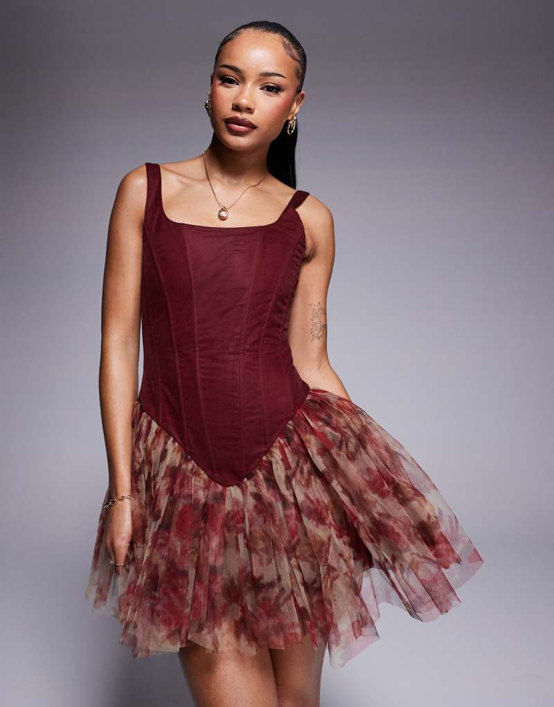 Lace & Beads Petite drop hem corset mini dress in burgundy rose floral Lace & Beads