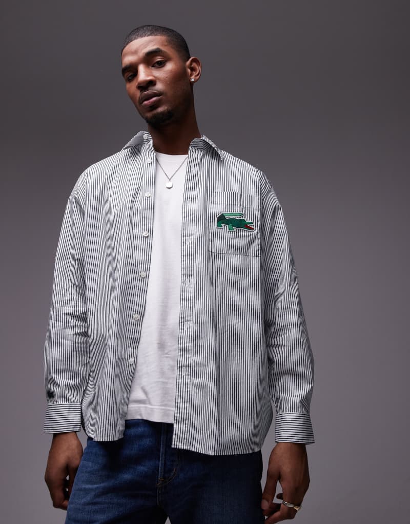 Lacoste logo striped long sleeve shirt in green  Lacoste