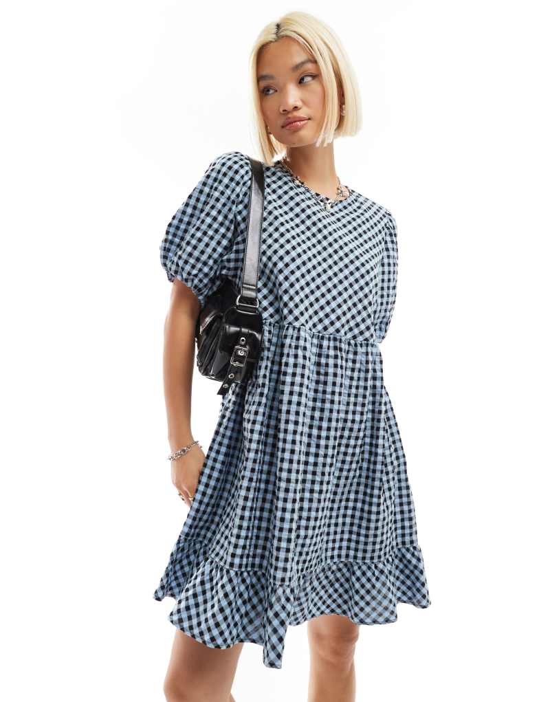 Monki short sleeve smock mini dress in blue check Monki