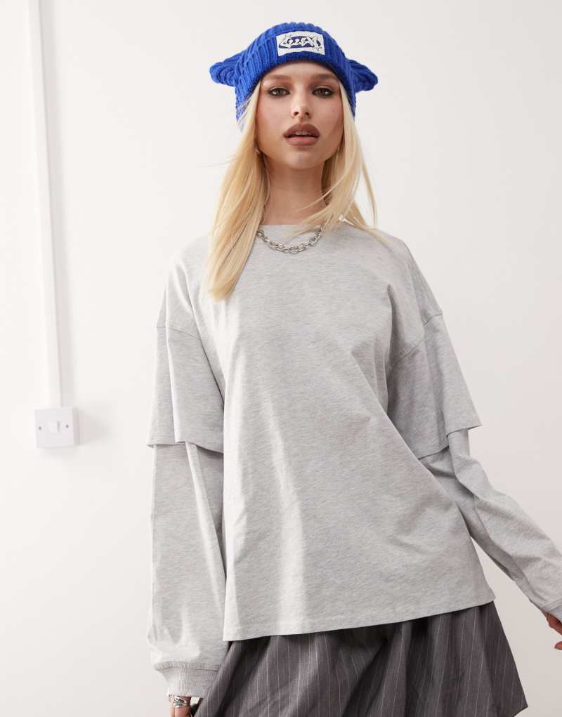 Monki oversized layered effect long sleeve top in gray melange Monki