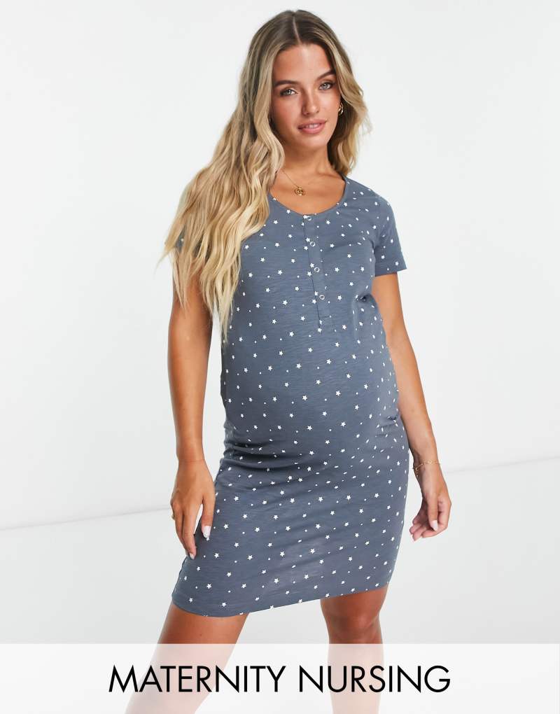 Mamalicious Maternity star print nightdress with nursing function in charcoal gray Mamalicious