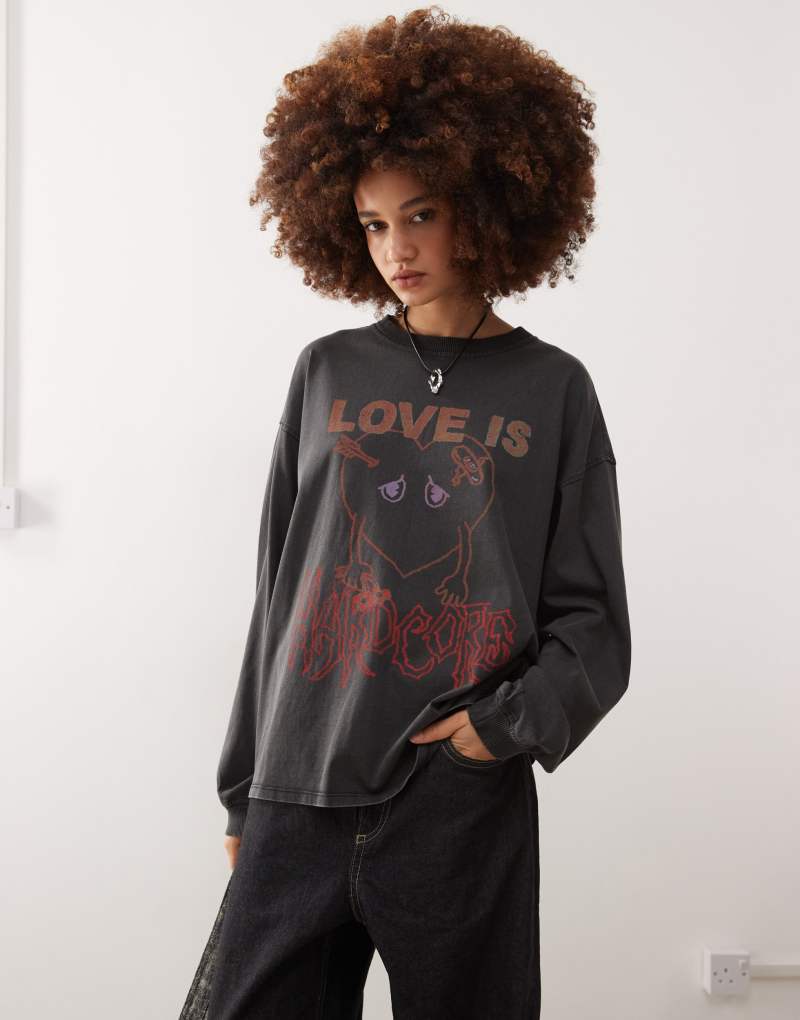 Monki long sleeve t-shirt with love is hardcore print in gray  Monki