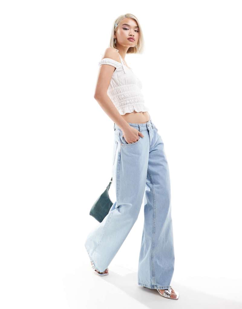 Motel roomy wide leg low rise jeans in light wash blue Motel