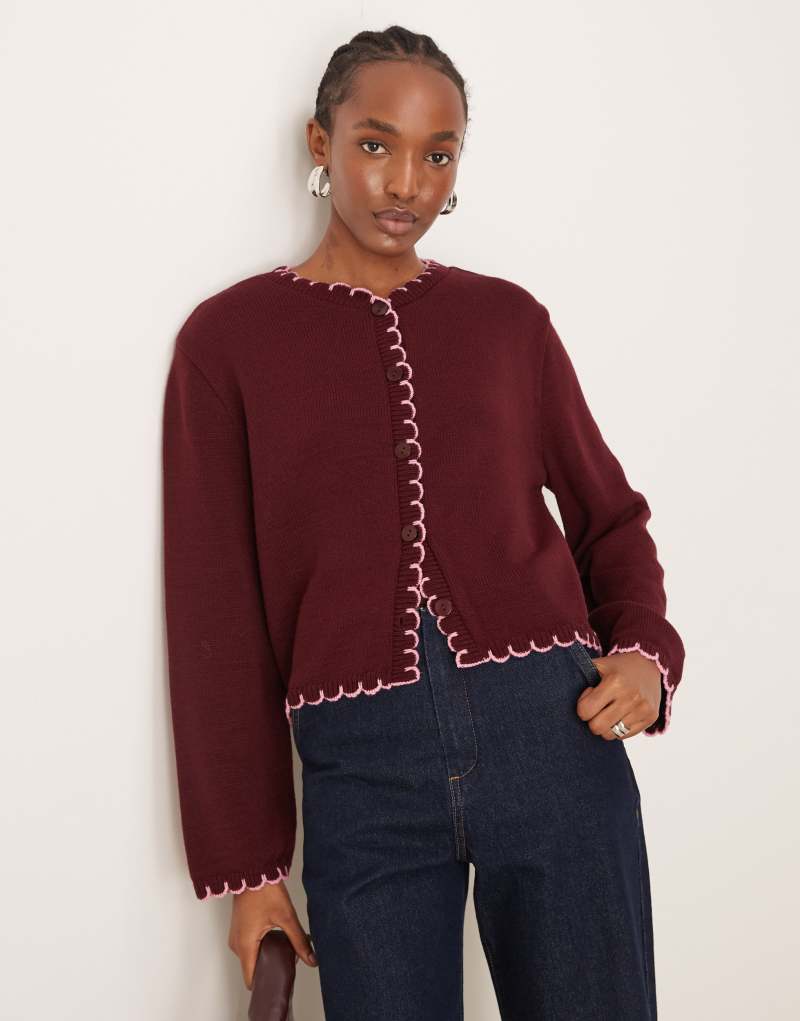 ASOS DESIGN blanket stitch cardigan in burgundy Miss Selfridge