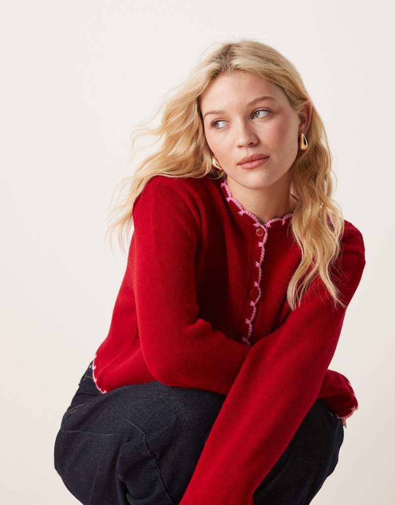 Miss Selfridge blanket stitch knit cardigan in red Miss Selfridge