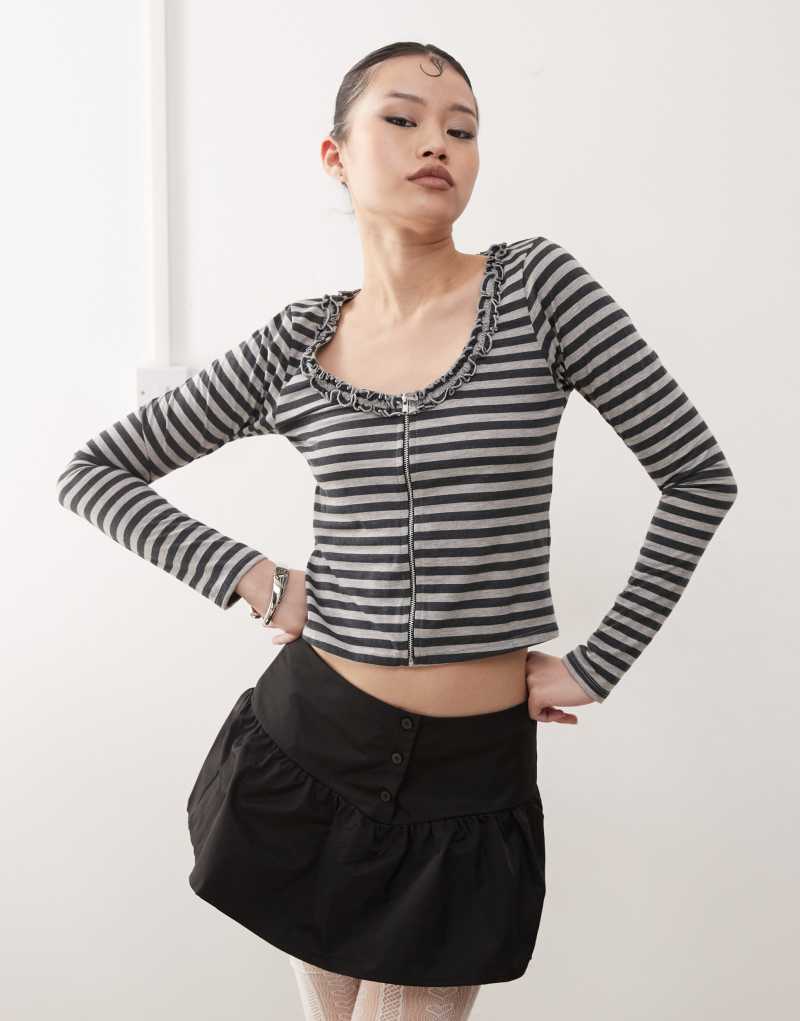 Motel Ethel zip striped cardigan in gray/black Motel